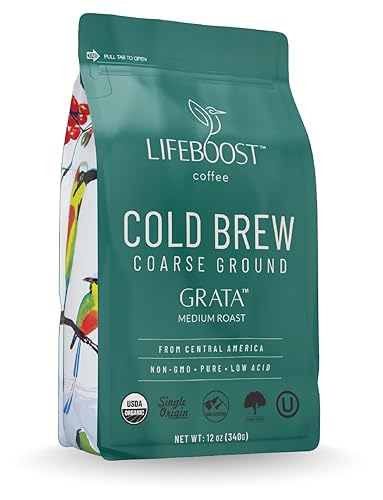 Lifeboost Low Acid Cold Brew Coffee, Organic Coarse Ground Medium Roast, 12 oz