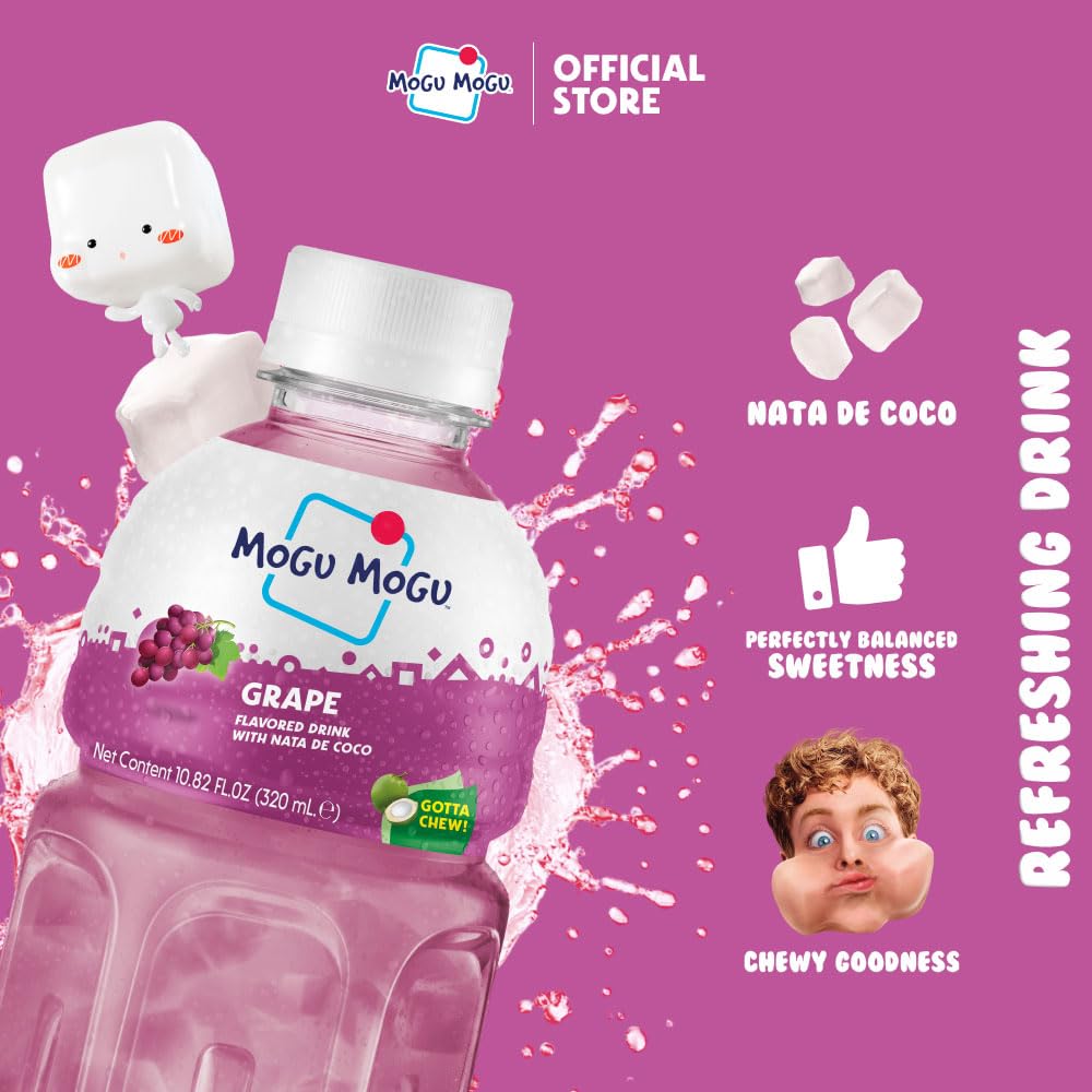 Mogu Mogu Grape Juice Drink with Nata de Coco (Coconut Jelly) - Chewy Fruit Beverage for Kids & Adults, 6 Pack Bottles, 10.82 fl oz Each