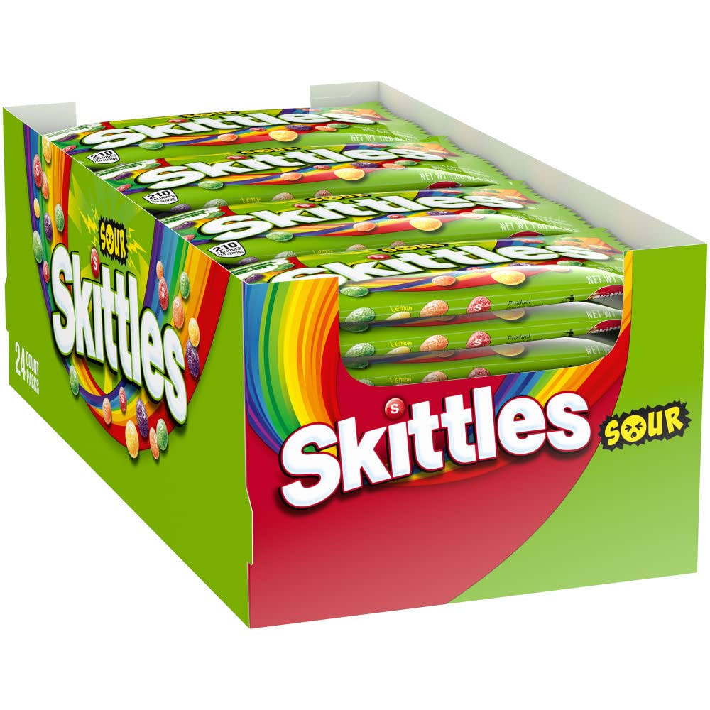SKITTLES Sours Individually Wrapped Full Size Chewy Sour Candy Packs, 24 Ct Bulk Box for Parties, Movie Nights & Sharing