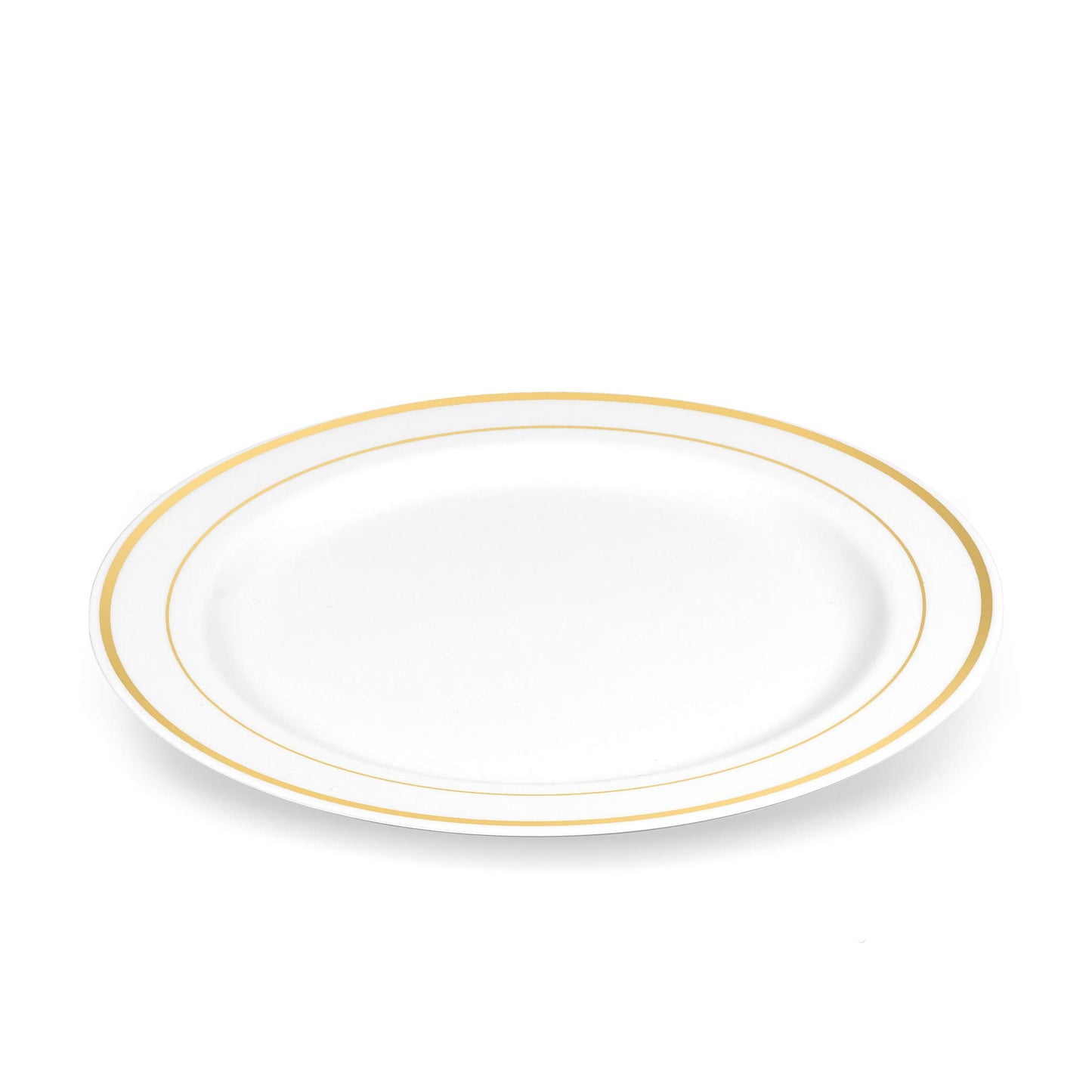BloominGoods 50 Plastic Disposable Dessert/Appetizer Plates | 7.5 inches White with Gold Rim Real China Look | Ideal for Weddings, Parties, Catering |