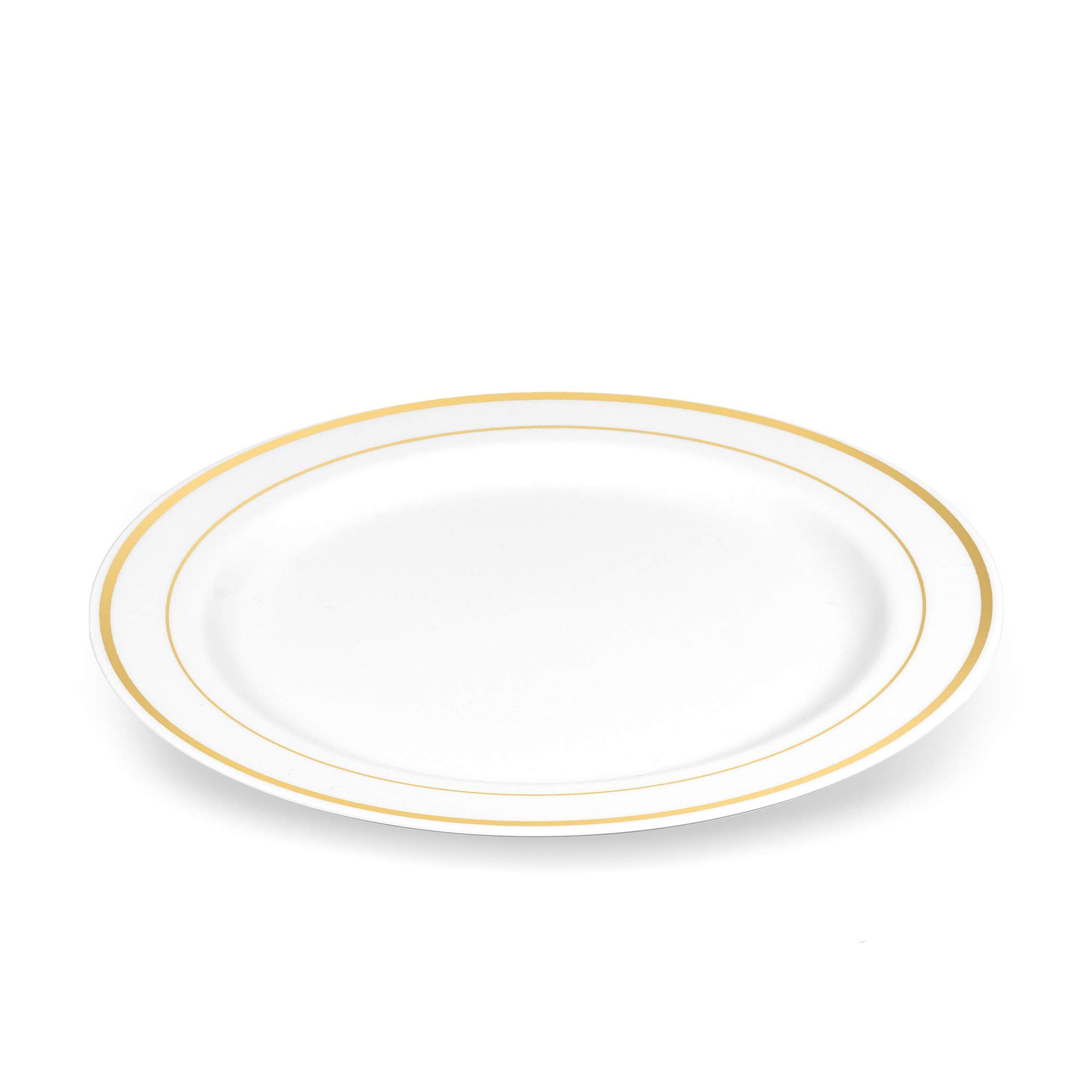 BloominGoods 50 Plastic Disposable Dessert/Appetizer Plates | 7.5 inches White with Gold Rim Real China Look | Ideal for Weddings, Parties, Catering |