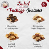 Dulcet Gift Baskets, Fresh Baked Holiday Bakery Rugelach fillings of chocolate chip, raspberry, Cinnamon and Apricot Gift Tin Assortment, Top Holiday