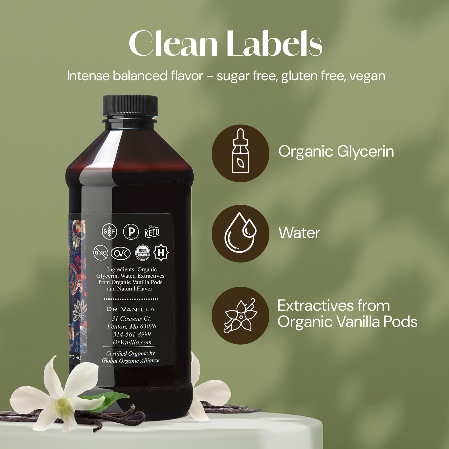 Organic Vanilla Alcohol?Free Flavor, 16 fl oz - Madagascar Bourbon vanilla, 100% natural, sugar?free, GMO?free, gluten?free, vegan, paleo, keto