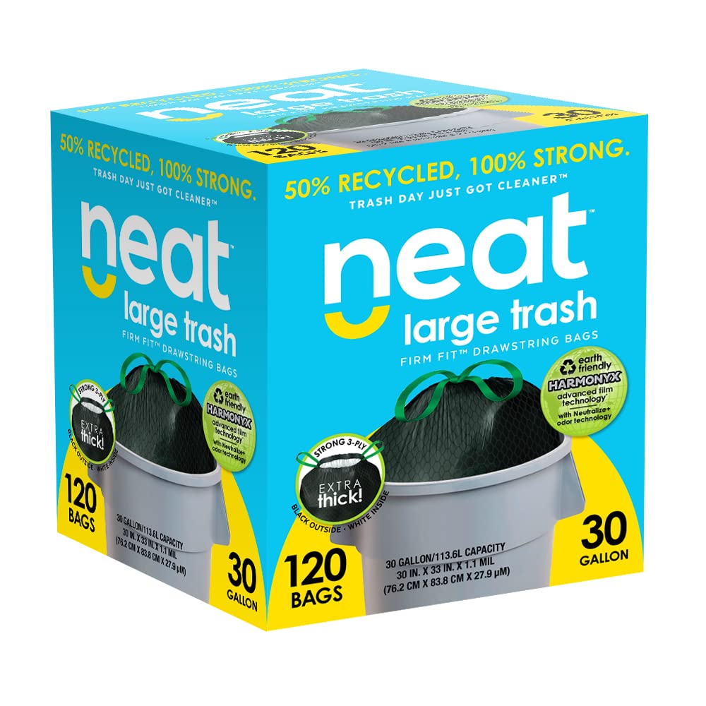 Neat Tall Kitchen 30 Gallon Drawstring Trash Bags - (MEGA 120 COUNT) - Triple Ply Fortified, Eco-Friendly 50% Recycled Material, Neutralize+ Odor