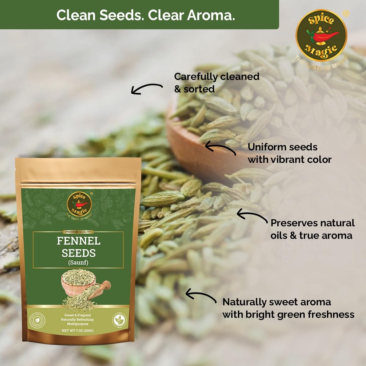 Spice Magic Fennel Seeds | Whole Fennel Seed 7oz (200g), 100% Natural, Fresh, Gourmet Spices and Seasonings for Cooking and Baking I Non-GMO I Indian