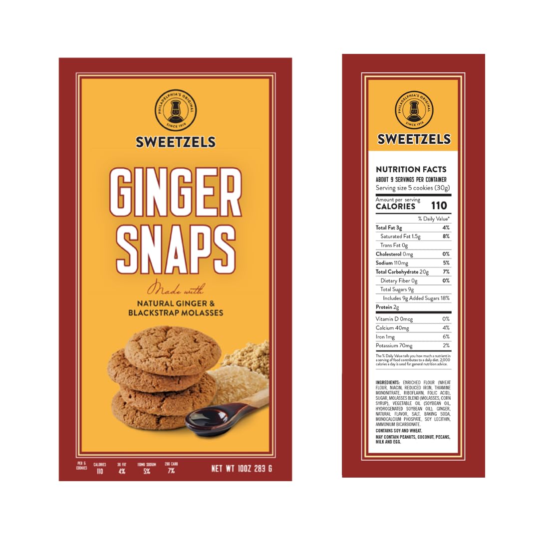Sweetzels Ginger Snaps Cookies, made with Natural Ginger and Blackstrap Molasses, 10 oz Pack of 3