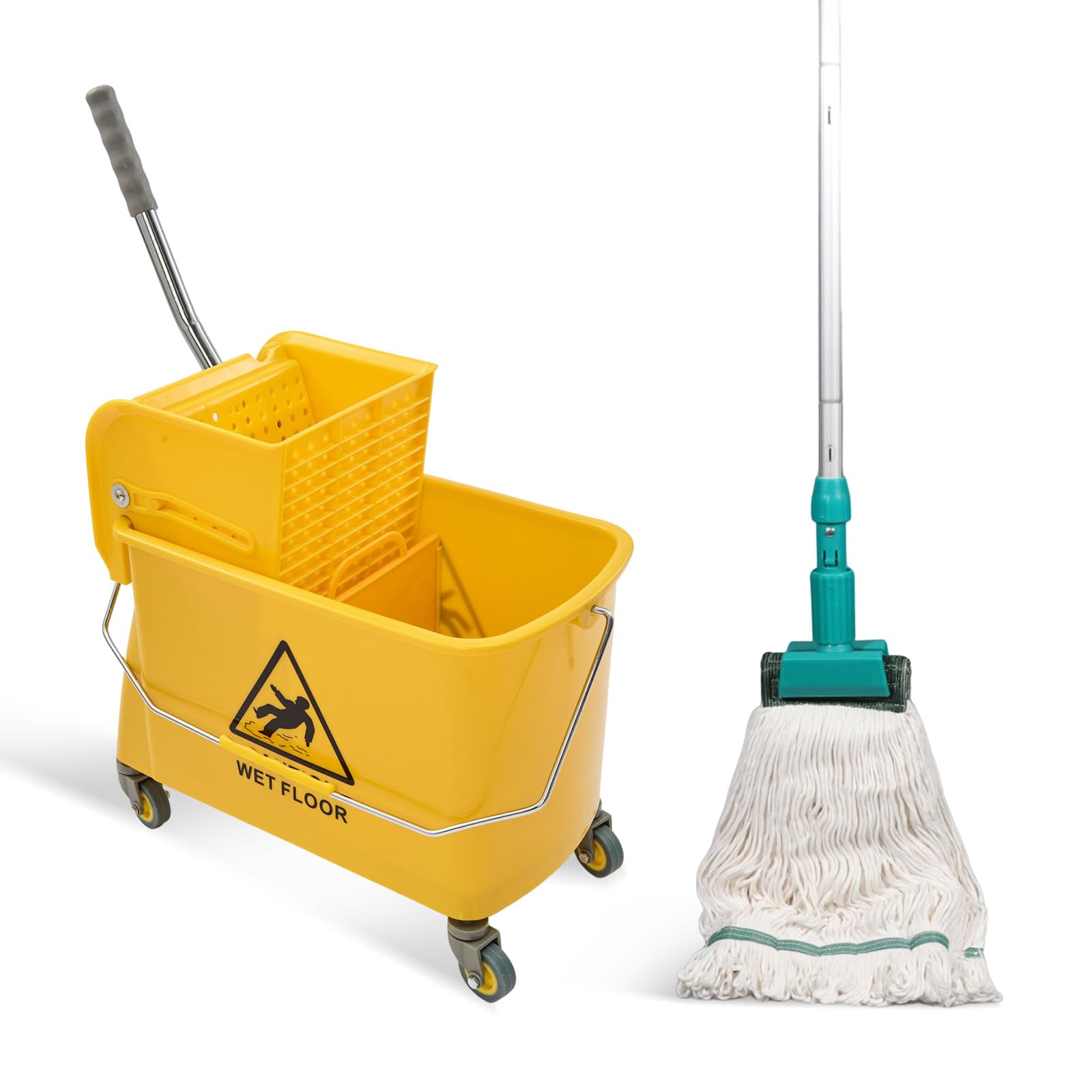 22 Qt (5.5 Gallon) Mop Bucket with Wringer for Floor Cleaning, Handle, Wheels, 16.5" L x 10.6" W x 26.4" H, Yellow,Add One Loop-end String Mop