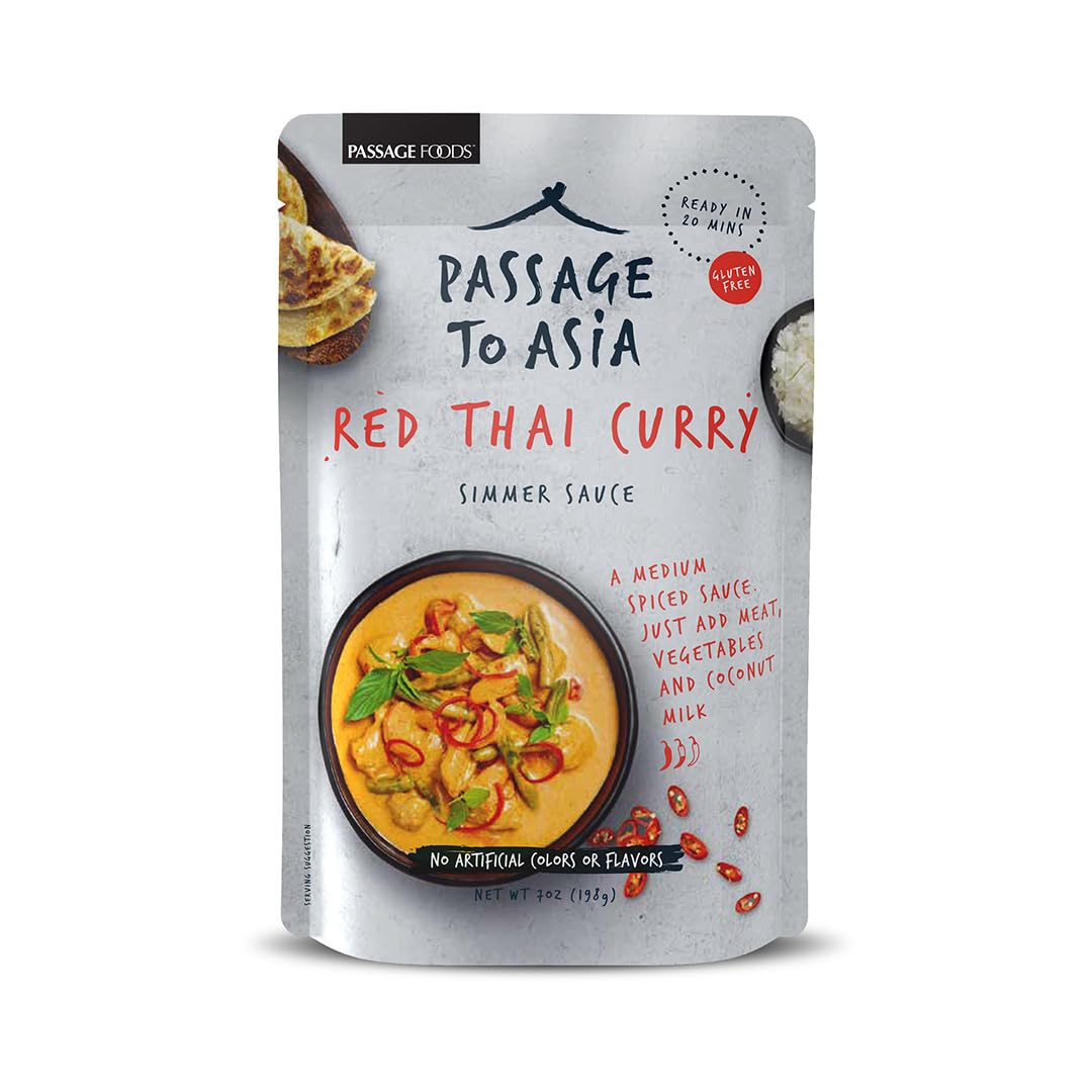 Passage to Asia Red Thai Curry Stir Fry Sauce, Authentic Thai Curry Sauce & Simmer Sauce, Gluten-Free, Just Add Coconut Milk, Serves 3, 7 oz