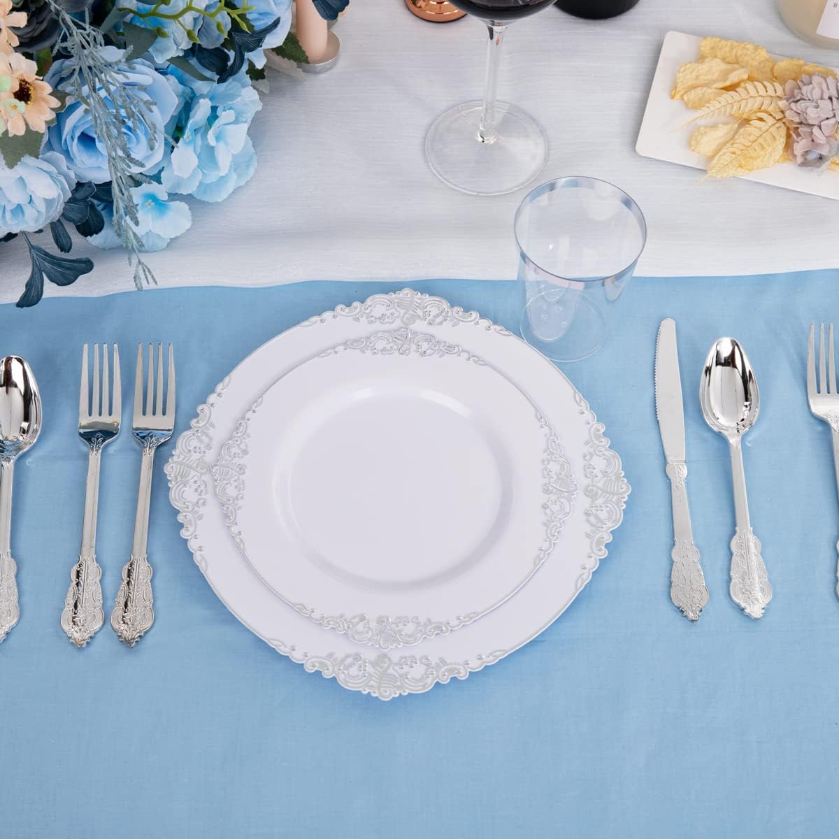 ZTDIXF 25 Pack 10.5 Inch Silver Rim Plastic Plates, Heavy Duty Disposable White Dessert & Salad Plates, Elegant Vintage Design Fancy Hard Tableware