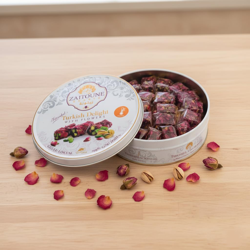 Zaitoune Rose Covered Turkish Delight - 9 oz | Stuffed with Pistachios & Cashews | Coated with Dried Rose Petals | Authentic Luxury Lokum Sweets in
