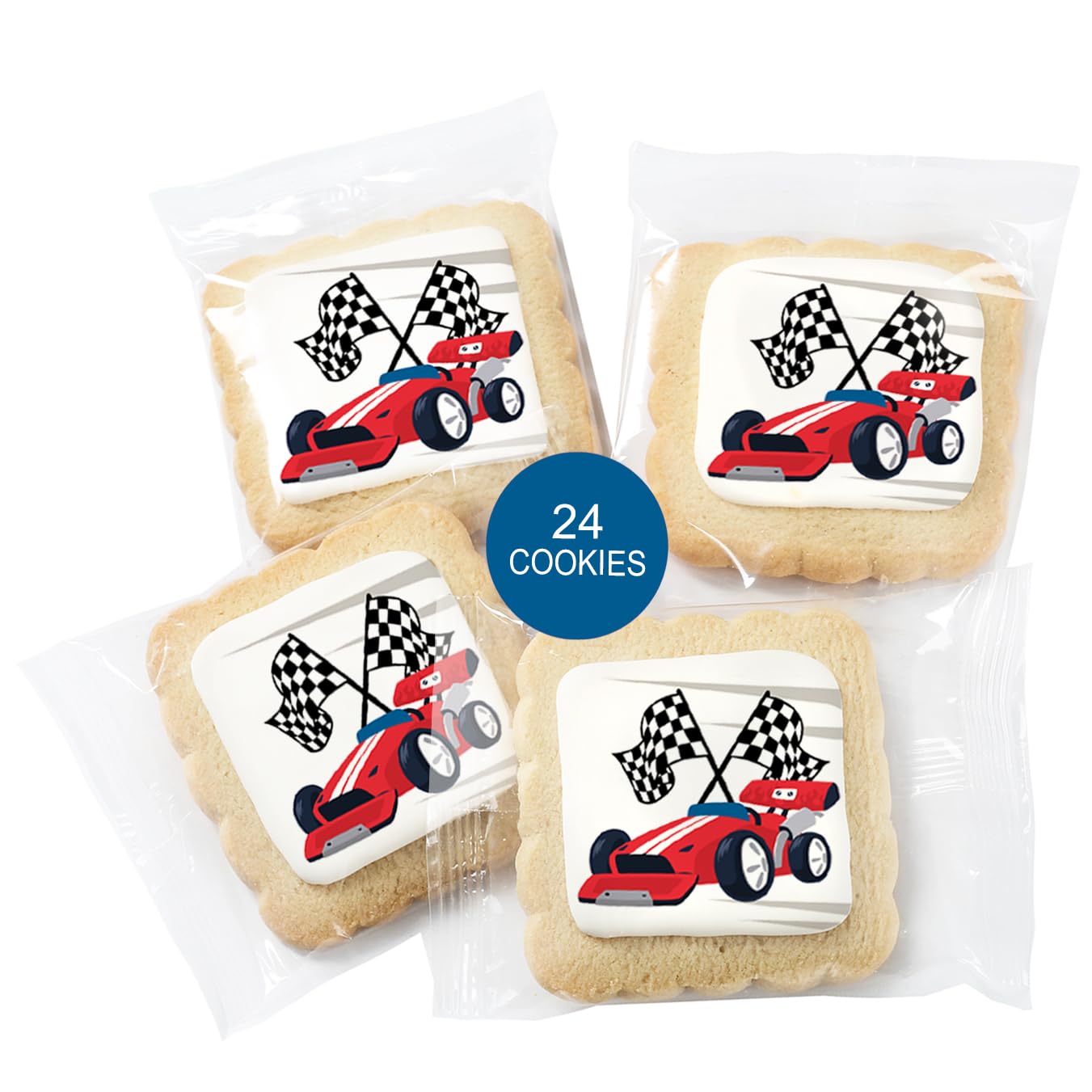 Race Car Themed Cookies Party Favors | Individually Wrapped 24 Pack Bulk | for Kids Birthday Treats | Red Black White Raceway Race Track Black White