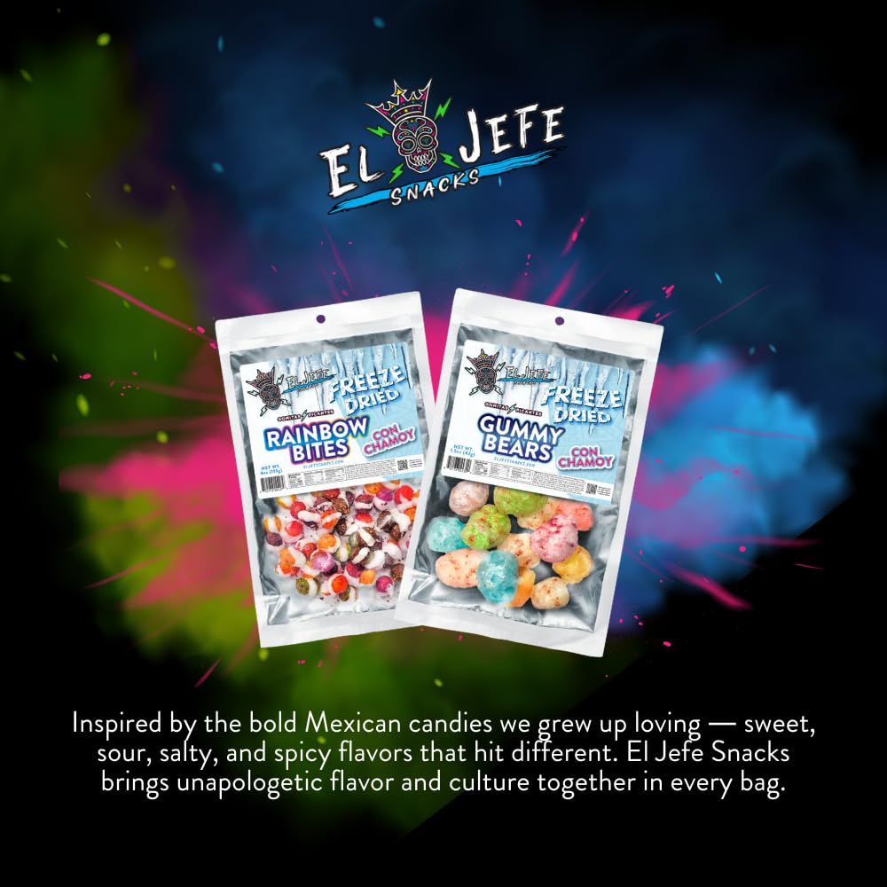 El Jefe Snacks Freeze-Dried Gummy Bears with Chamoy - Crunchy Freeze-Dried Candy with Sweet Fruit Flavor & Tangy Chamoy - Light, Airy Candy Snack