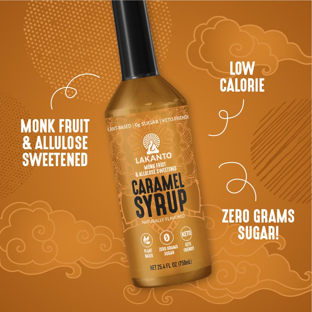 Lakanto Simple Flavoring Syrup - Monk Fruit Sweetener with Allulose, Perfect for Coffee, Tea, Cocktails, Snow Cones, Sodas, Other Drinks, Keto, Vegan (Caramel - 25.4 fl oz)