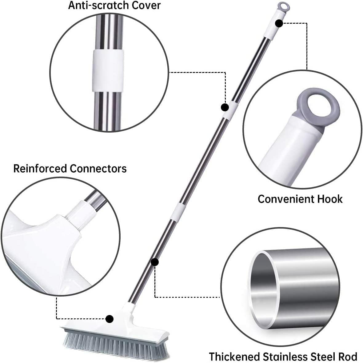 Floor Scrub Brush with Squeegee & Firm Long Handle, 2 in 1 Scrape & Brush Stiff Bristle Scrubber for Cleaning Tub, Tile, Bathroom, Patio, Kitchen