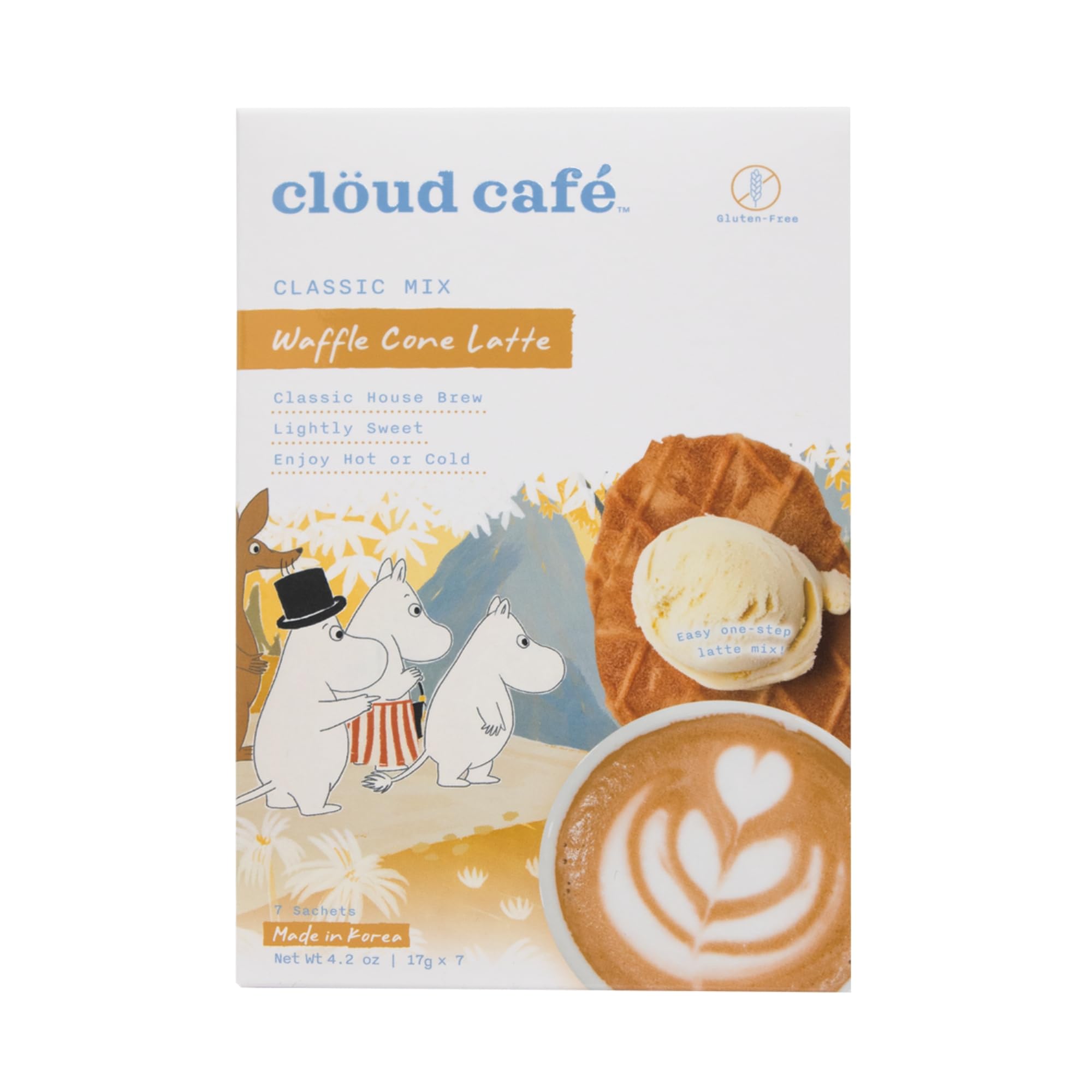 Clöud Café Moomin Waffle Cone Latte Instant Coffee Packets - Classic House Brew - Lightly Sweet - Easy One Step Latte for On-The-Go (7 Sachets)