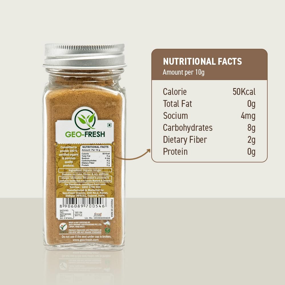 Geo-Fresh Organic Ginger Powder 1.4 oz - Ground Ginger Powder Organic Raw - USDA Certified, Non-GMO, Kosher, Gluten-Free - Premium Spice and Seasoning