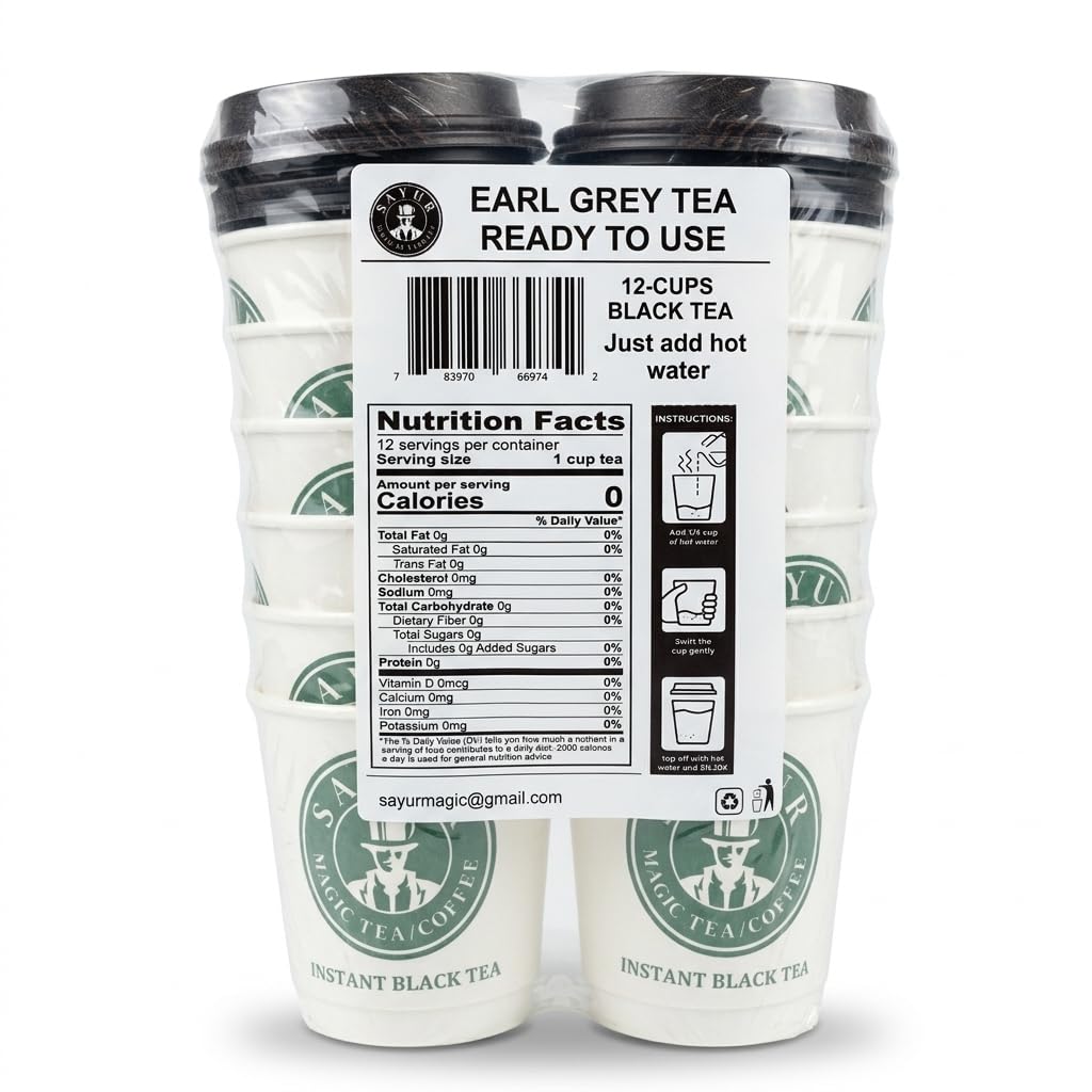 Tea inside the Cups, just add Hot water By SAYUR, 8 Oz, 12 Cups (Earl Grey Black Tea) ready to use