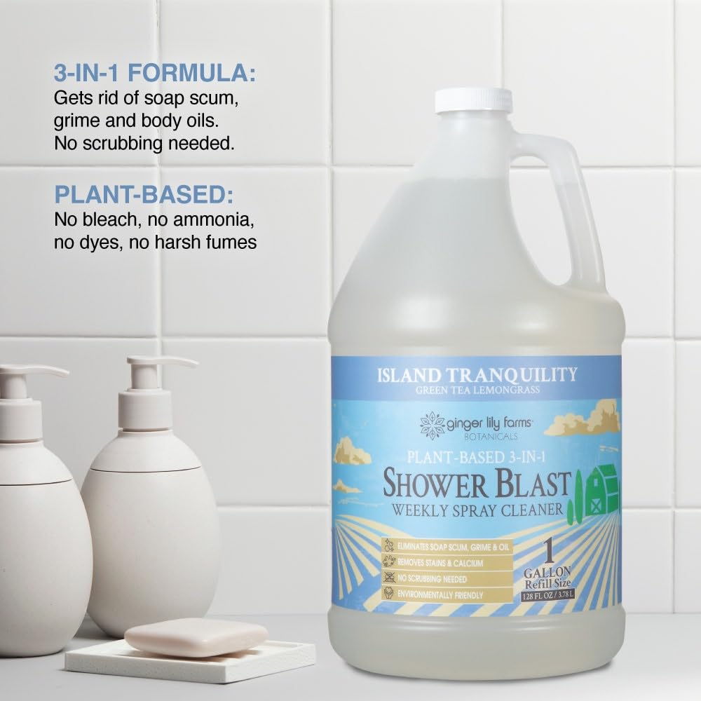 Ginger Lily Farms Botanicals Plant-Based 3-in-1 Shower Blast Weekly Spray Cleaner, 100% Vegan & Cruelty-Free, Island Tranquility, Green Tea