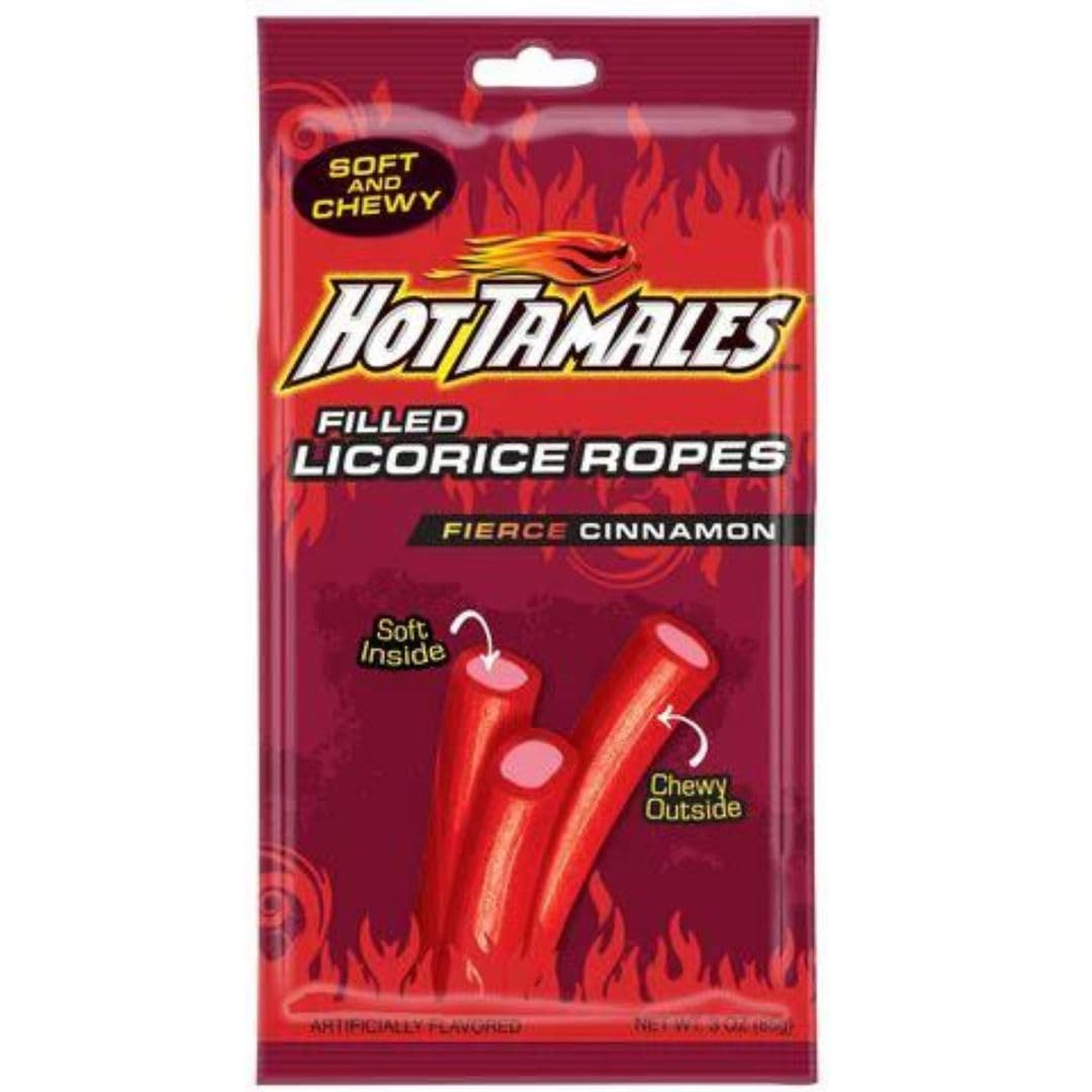 Hot Tamales Filled Cinnamon Flavor Rope Candy - 3 oz. (Pack of 12) - Chewy Spicy Cinnamon Ropes - Great for Movie Nights, Parties & Anytime Snacking