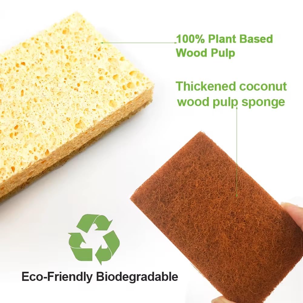 Eco Sponges - Coconut & Cellulose Kitchen Sponges, Biodegradable, Compostable, Plastic-Free Cleaning Scrubbers (12 Pack)