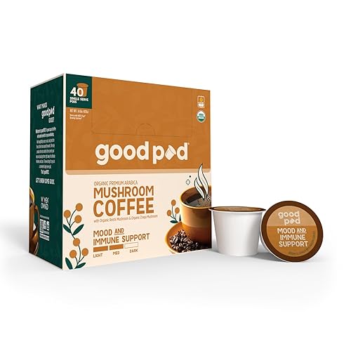 goodPOD Mood and Immune Support Single Serve Coffee K Cup Pods, Organic Arabica Coffee with Reishi & Chaga Mushrooms, Medium Roast, 40 Count