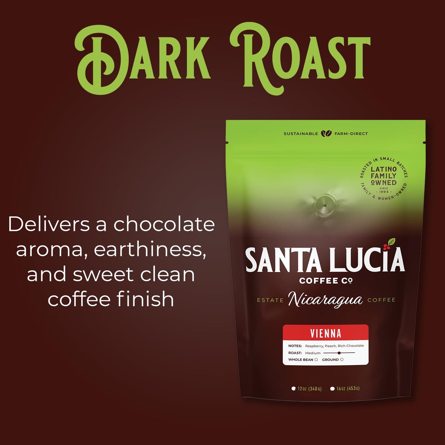 Santa Lucia Coffee Artisan Select Vienna Medium/Dark Roast Coffee - Specialty Nicaraguan Single-Origin - Small Batch - Rich & Smooth Flavor - Low Acid