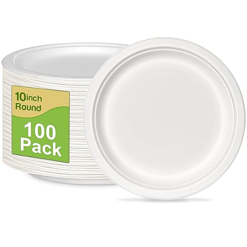 GREENESAGE Paper Plates 10 inch Bulk, 100 Pack Compostable Paper Plates Heavy Duty, White Paper Plates Large Sturdy, Eco Friendly Disposable Plates
