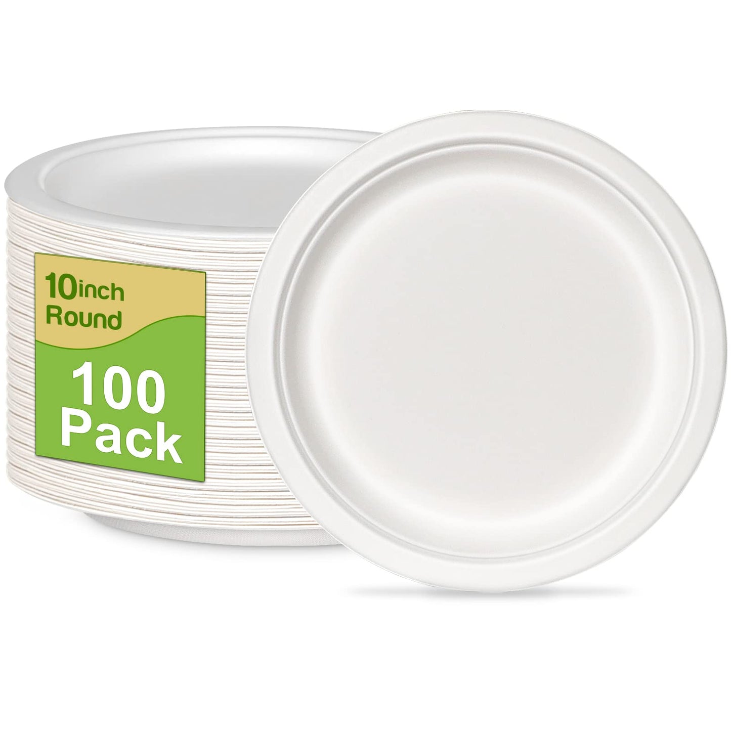 GREENESAGE Paper Plates 10 inch Bulk, 100 Pack Compostable Paper Plates Heavy Duty, White Paper Plates Large Sturdy, Eco Friendly Disposable Plates
