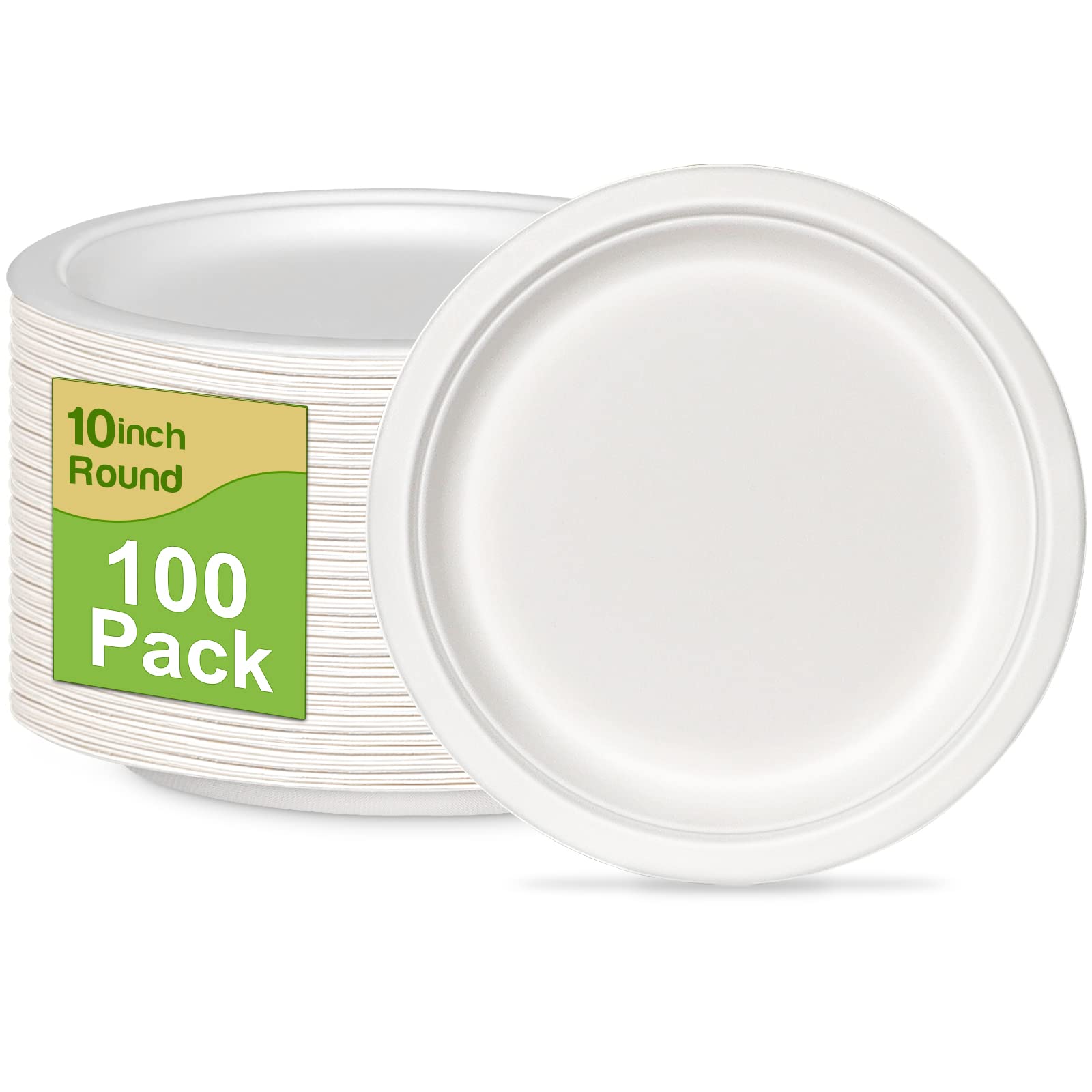 GREENESAGE Paper Plates 10 inch Bulk, 100 Pack Compostable Paper Plates Heavy Duty, White Paper Plates Large Sturdy, Eco Friendly Disposable Plates