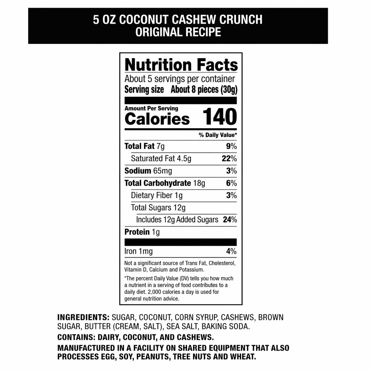 Coconut Cashew Crunch Snack Bites, Sweet & Salty Kettle Style Crunch, Original Recipe, Gluten Free, 5 oz Bags (Pack of 6)