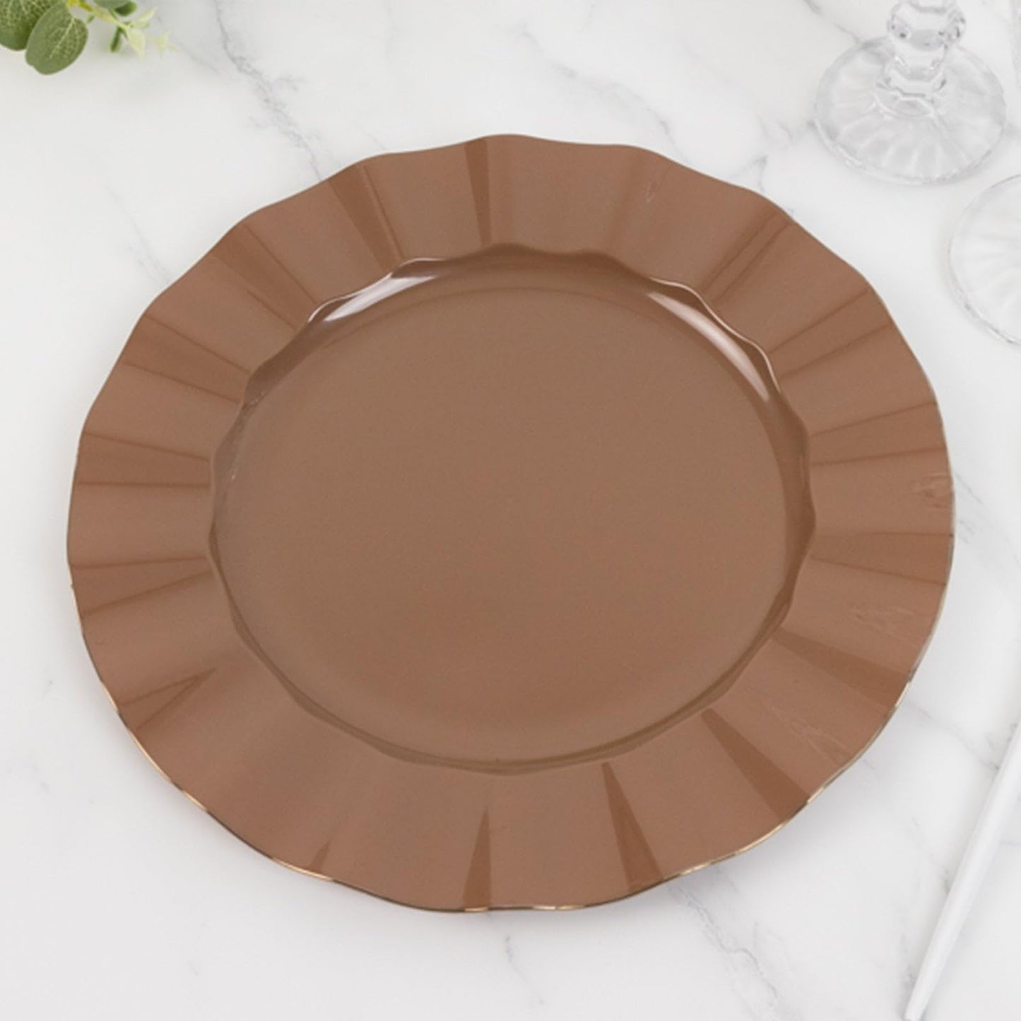 TCF Linen 11" Dinner Plates -Set of 30 - Plastic Coffee Brown Round Disposable Chargers With Gold Ruffled Rim, Ideal for Dinner Party Wedding Bulk