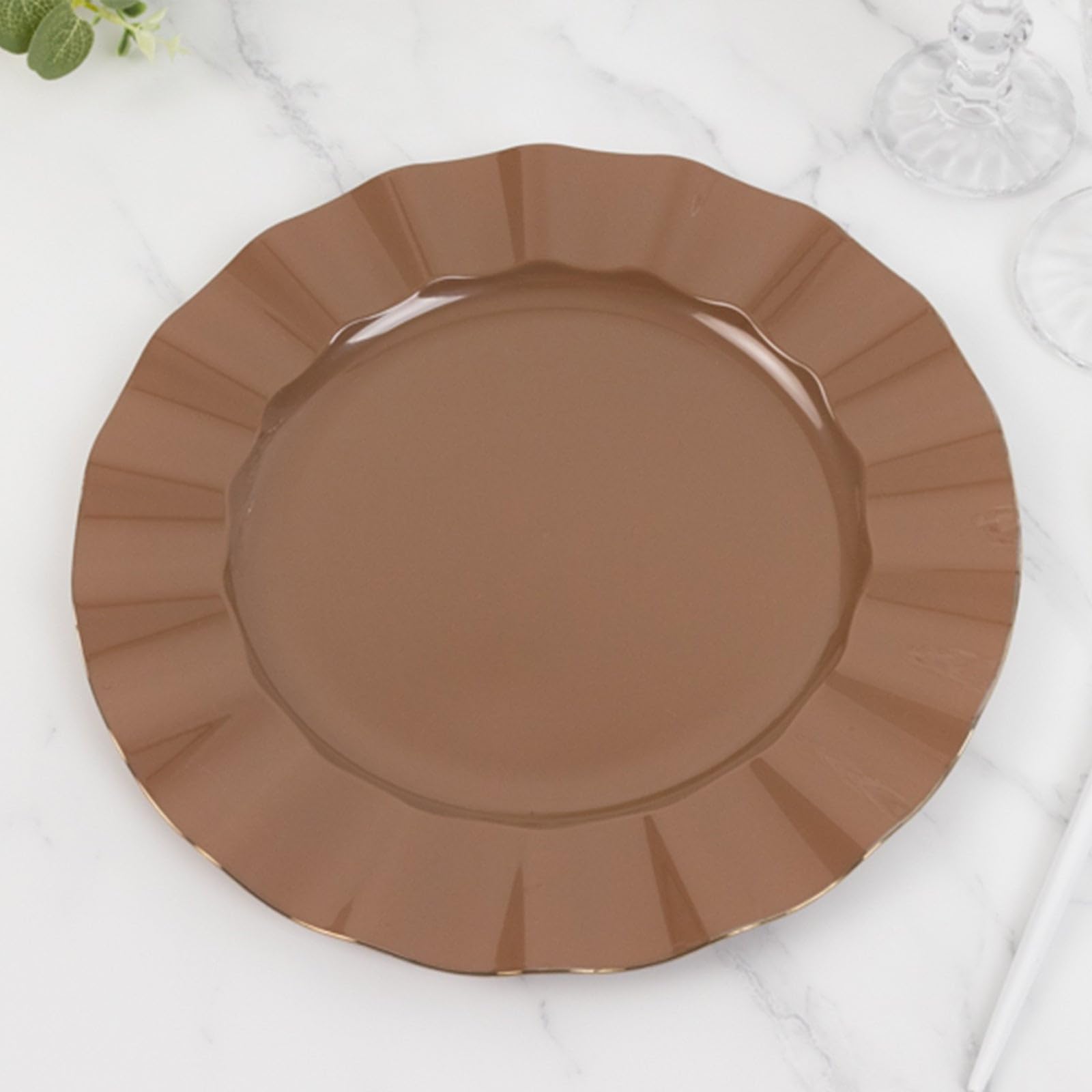 TCF Linen 11" Dinner Plates -Set of 30 - Plastic Coffee Brown Round Disposable Chargers With Gold Ruffled Rim, Ideal for Dinner Party Wedding Bulk