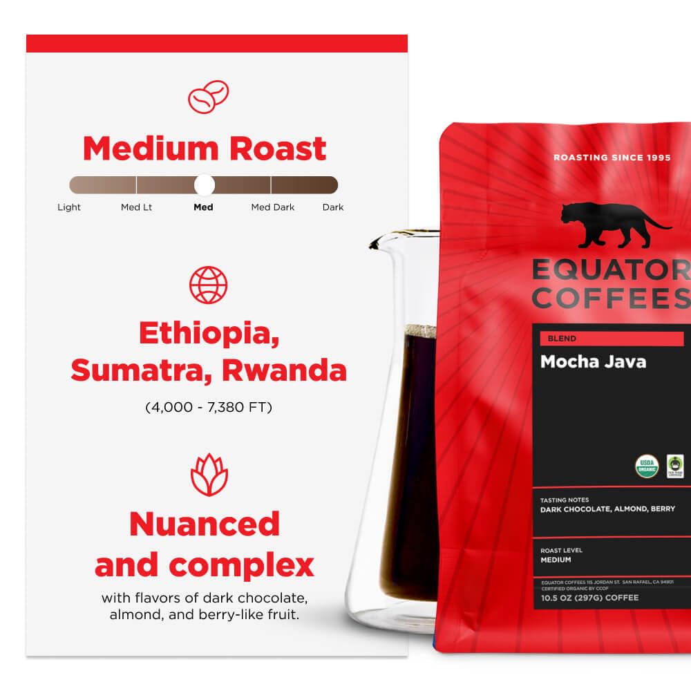 Equator Coffees, Mocha Java Blend, Organic Whole Bean Coffee, Medium Dark Roast, Fresh Roasted, Dark Chocolate & Berry Flavor Notes, Sustainable