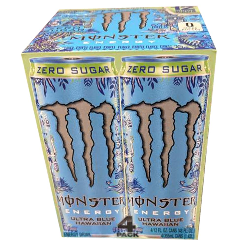 Monstar Energy Drink, 12 fl oz, 4 Pack (Ultra Blue Hawaiian, Sugar Free)
