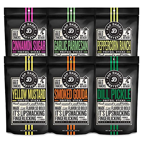 Pop Daddy Flavored Pretzels Sticks, Gourmet Pretzels, 7.5oz Variety Pack, 6 Pack, Garlic Parm, Cinnamon Sugar, Peppercorn Ranch, Smoked Gouda, Dill