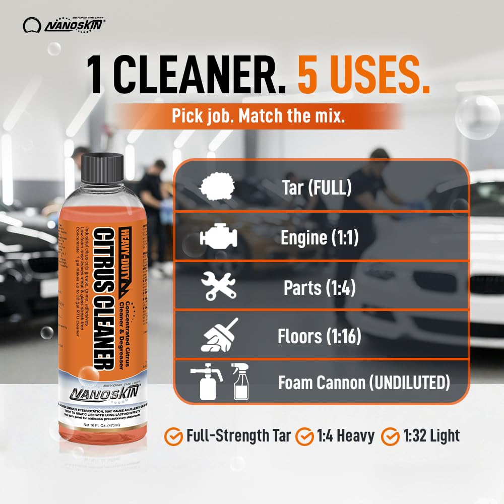 Nanoskin Heavy-Duty Citrus Cleaner & Degreaser Concentrate 5 Gallon, Low-Foam Solvent, Dilutes up to 1:32, Cuts Grease Tar Adhesives, Safe on Metal