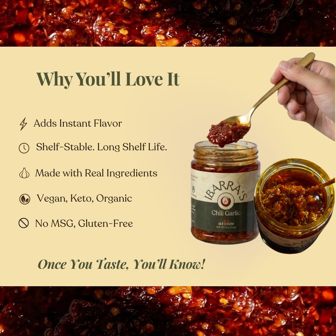 IBARRA'S Chili Garlic - 9oz (Pack of 1) - "The all-around, premium sauce for spice and flavor". Vegan-friendly. Small-batch production. Gluten-free