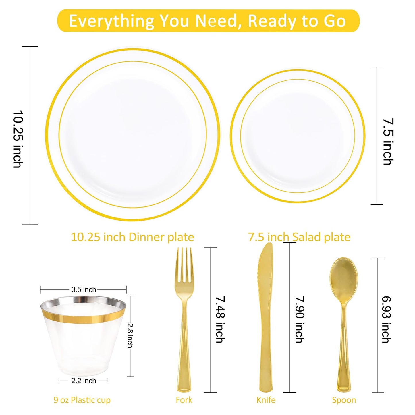 WELLIFE 350-Piece Gold Disposable Plates and Cutlery Set - Premium 10.25" Dinner Plates, 7.5" Dessert Plates, 9oz Cups & Cutlery for Weddings