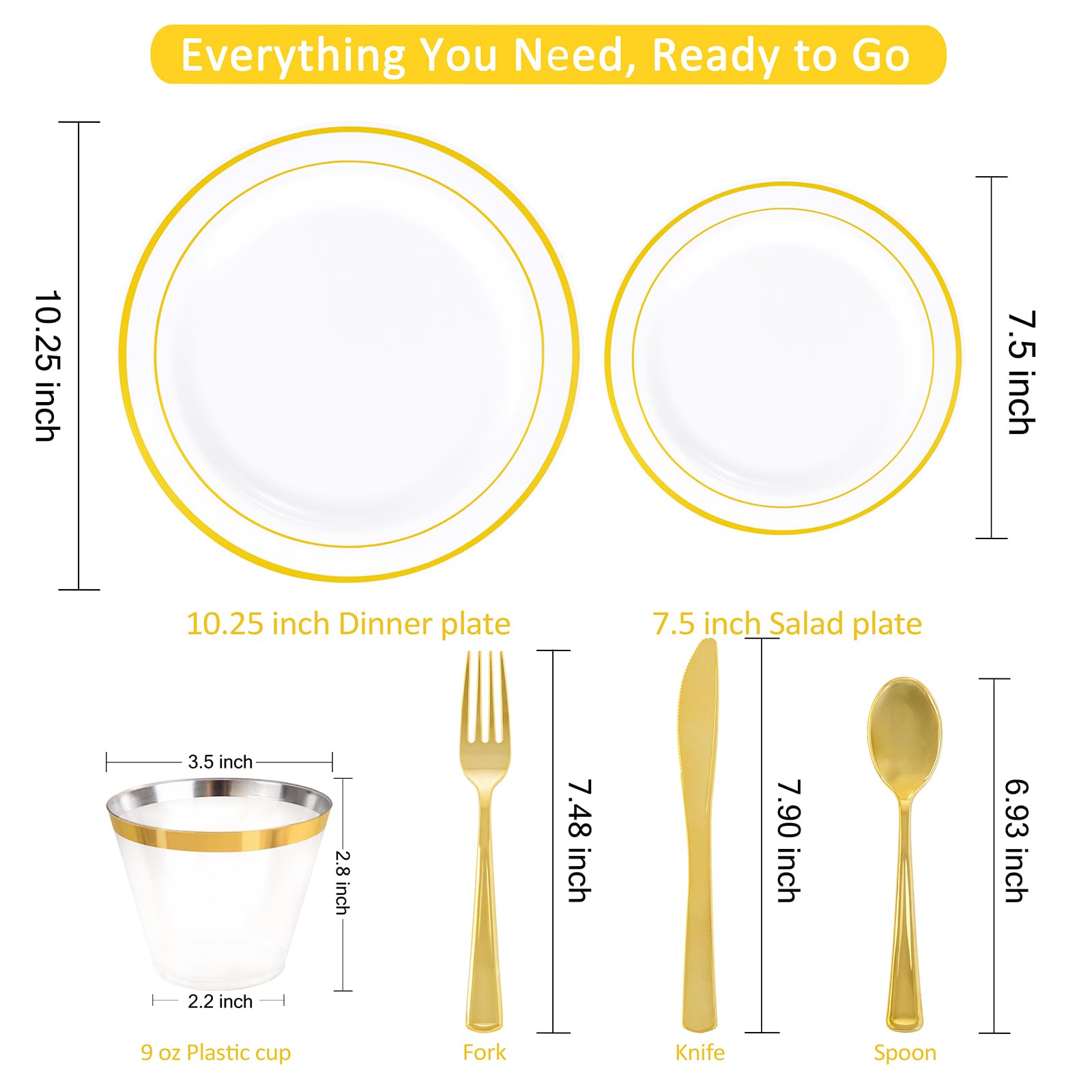 WELLIFE 350-Piece Gold Disposable Plates and Cutlery Set - Premium 10.25" Dinner Plates, 7.5" Dessert Plates, 9oz Cups & Cutlery for Weddings