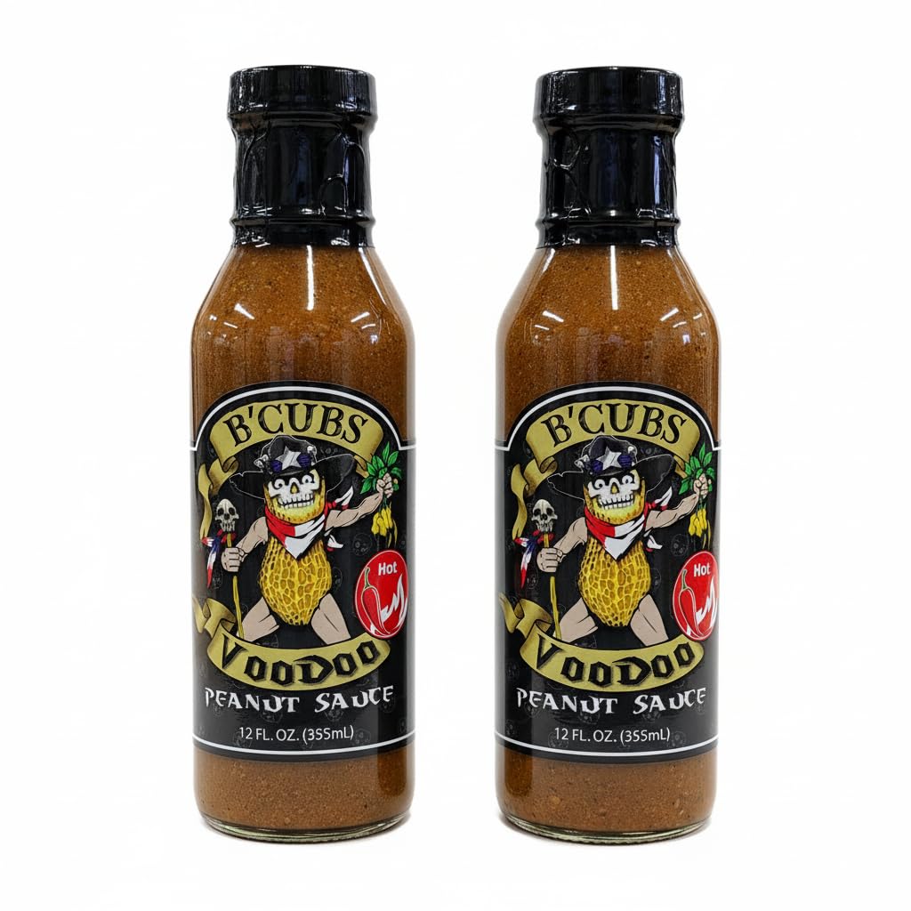 B'Cubs® Voodoo Peanut Sauce HOT Bold, Nutty, Sweet with Robust Heat, Versatile Dip, Drizzle, Marinade & Stir Fry 2 Pack (2 x 12oz Glass Bottles) Texas