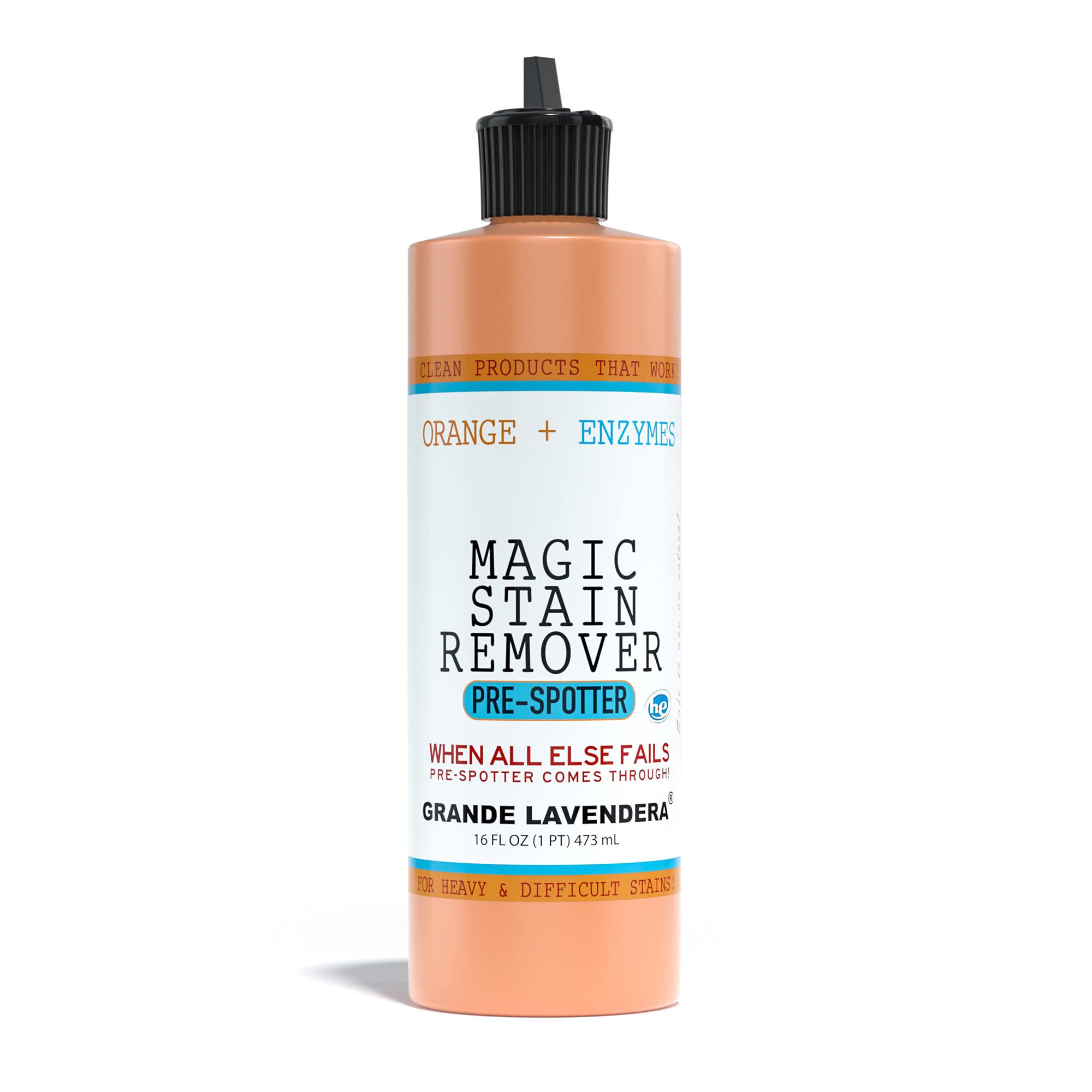 Grande Lavendera® Magic Stain Removal Liquid for Clothes, Orange Scented, Enzyme-Based Remover for Grease, Paint, Fabric and Shirts - 16 Fl oz