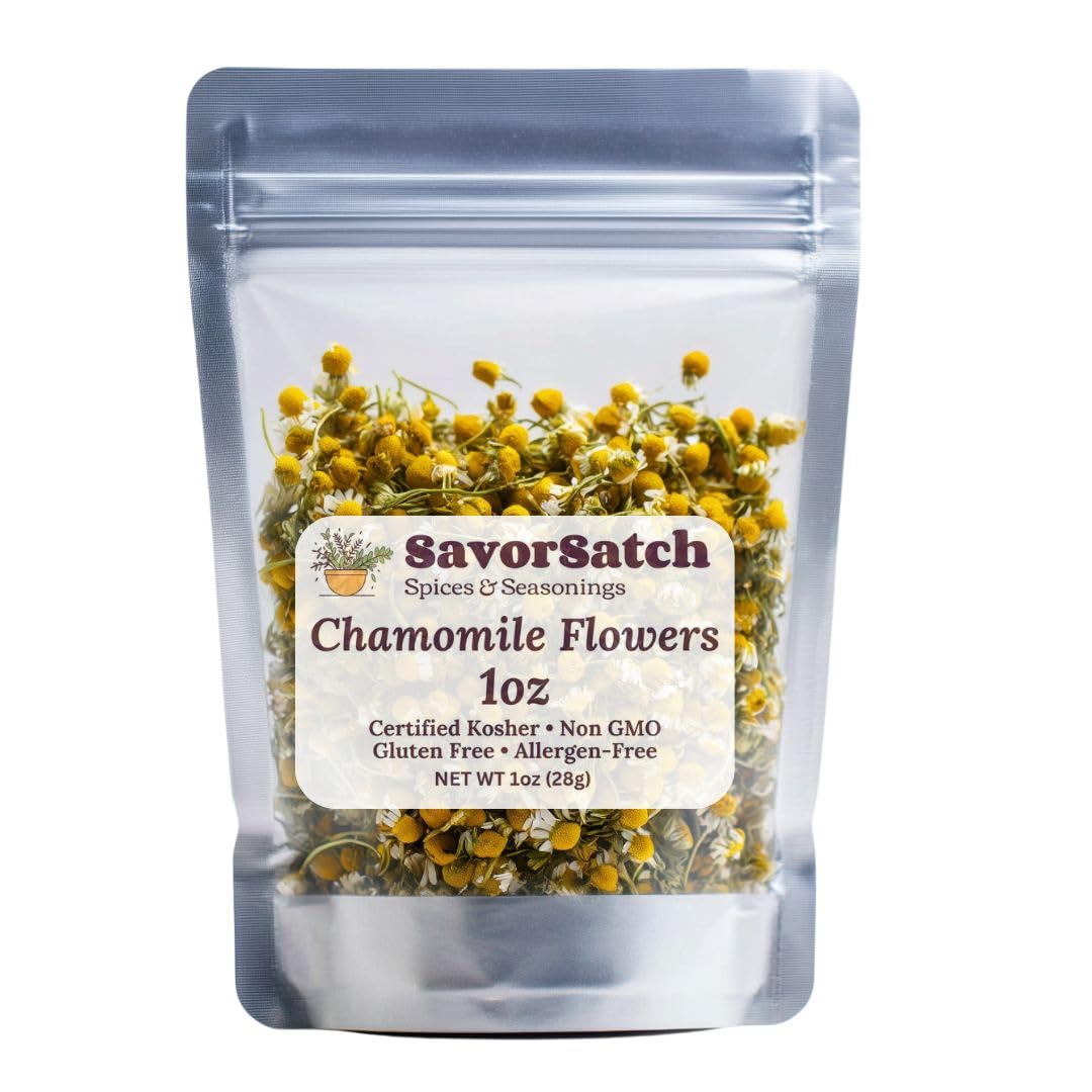 SavorSatch Whole Dried Chamomile Flowers - 1 oz Resealable Pouch | Herbal Tea Ingredient for Calming Tea, Skincare, Infusions & Relaxation