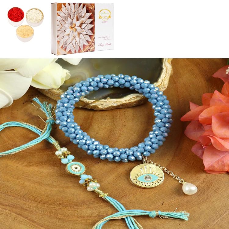 Ghasitaram Gifts Jaiccha Rakhi for Brother Rakhis Online - BRS25-024-Hand Woven Crystal Evil Eye Bracelet Bhaiya Bhabhi Rakhis with 400 gms of Kaju