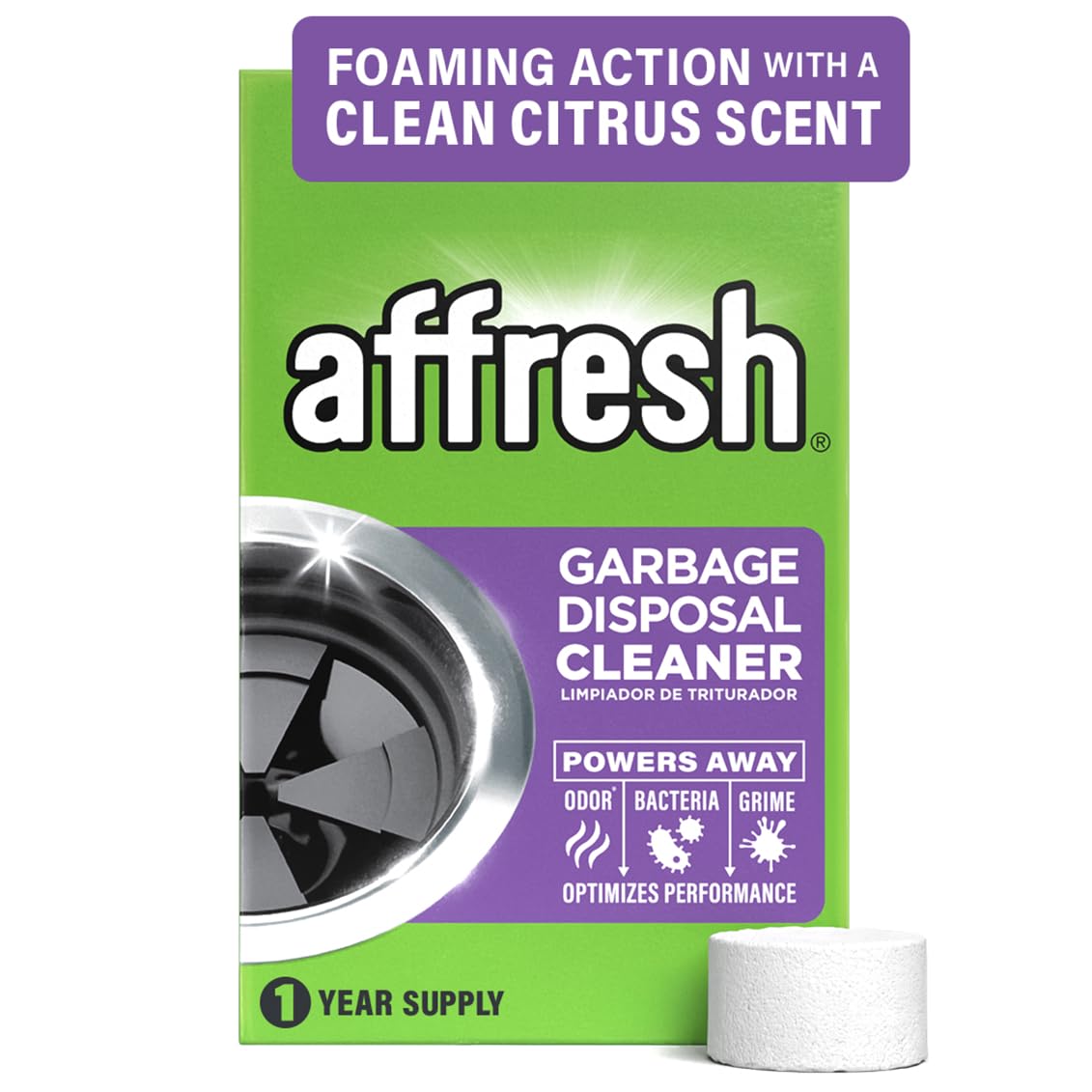 Affresh Garbage Disposal Cleaner, Helps Power Away Odor Causing Bacteria, Debris & Grime in Grind Chamber, Impeller & Drain Pipe, 12 Tablets, 1 Year