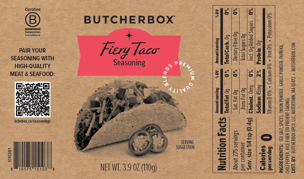 ButcherBox Fiery Taco Seasoning, Premium Quality Blends, 3.9 oz - Smoky Chipotle, Paprika, Garlic & Cumin - Bold Taco Spice Blend for Beef, Chicken