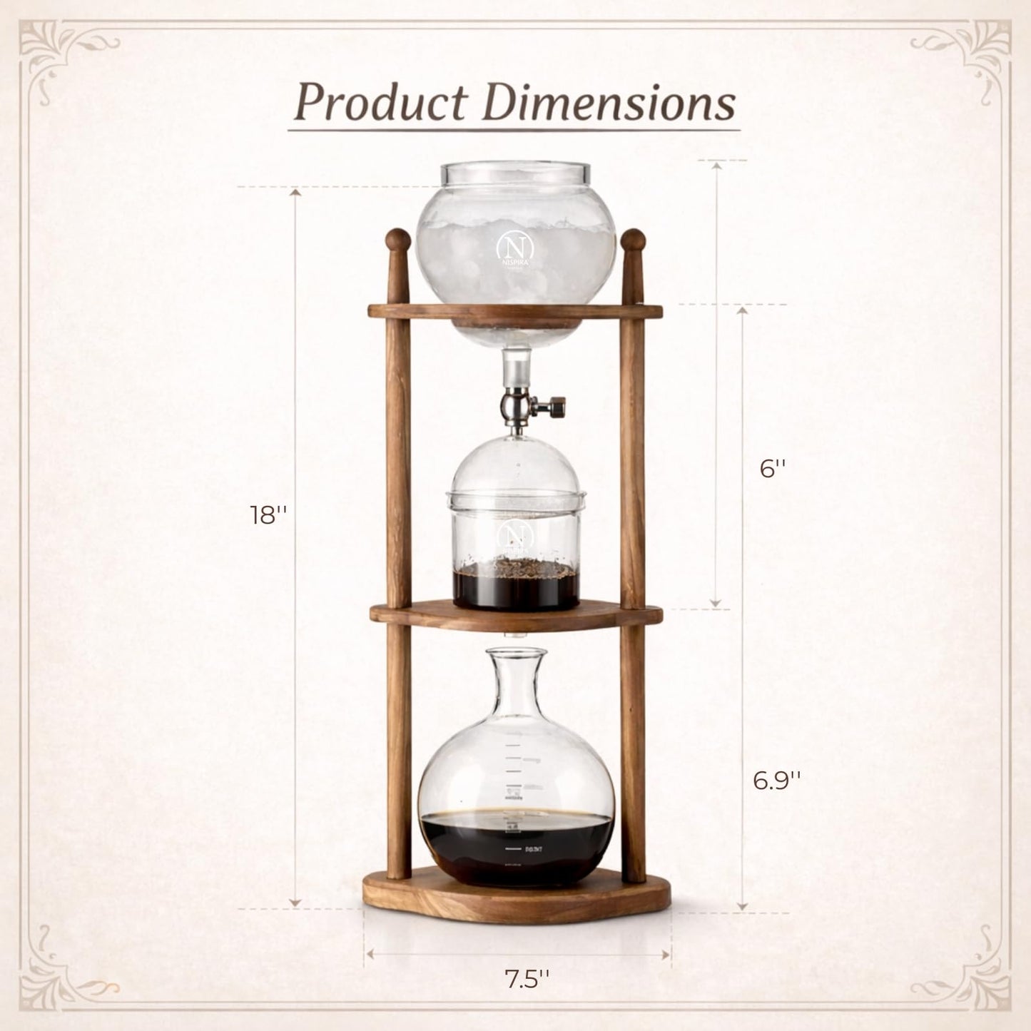 Nispira Cold Brew coffee Maker Ice Coffee Drip Machine with Advanced Slow Drip Technology Borosilicate Glass with Wood Tower, 6-8 Cup, Brown