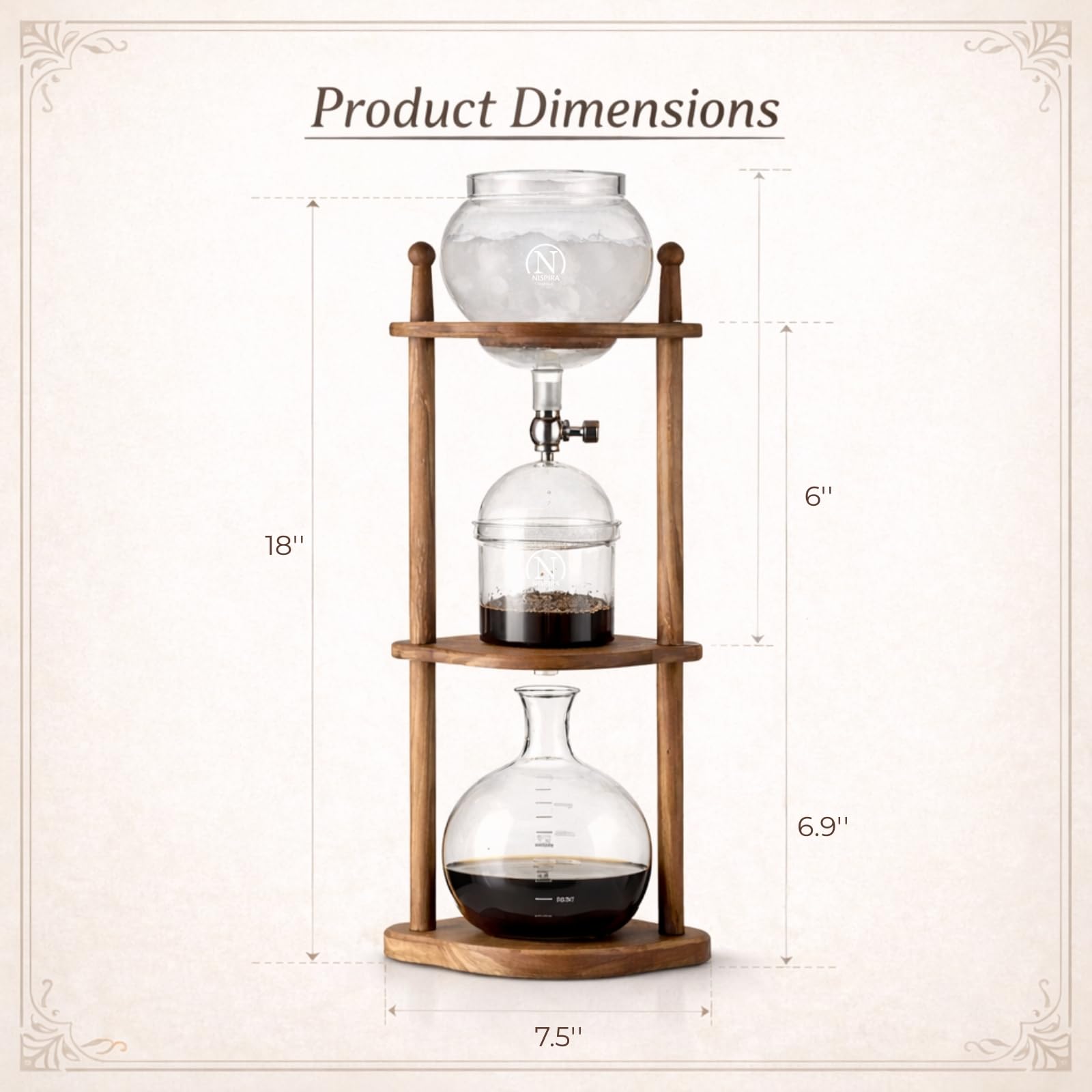 Nispira Cold Brew coffee Maker Ice Coffee Drip Machine with Advanced Slow Drip Technology Borosilicate Glass with Wood Tower, 6-8 Cup, Brown