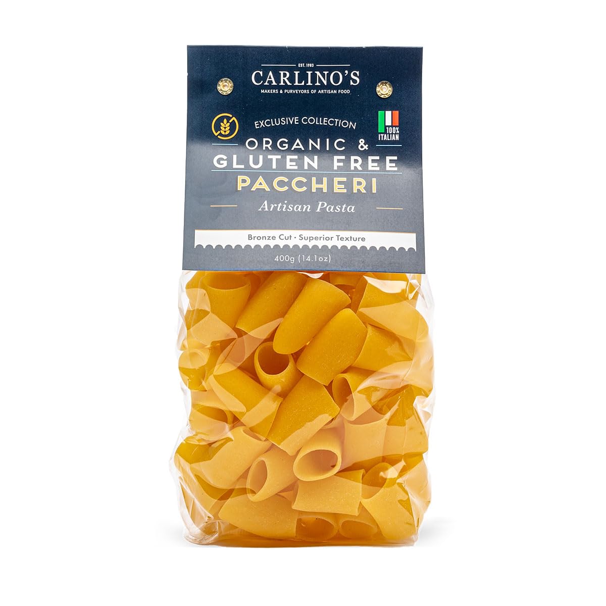 Carlino's Gluten-Free Paccheri | Organic Corn and Rice Flour | Bronze Die Cut | Air Dried | Sugar-Free | Superior Texture, USDA Organic, Made in
