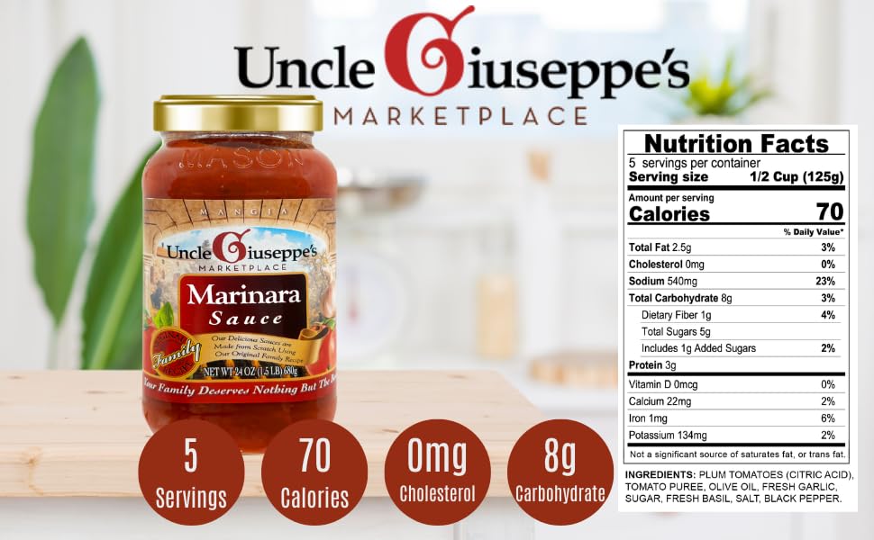Uncle Giuseppe’s Marinara Sauce, 24 oz | Classic Italian Tomato Sauce with Garlic, Basil & Olive Oil | Homestyle Pasta Sauce | All-Natural, No