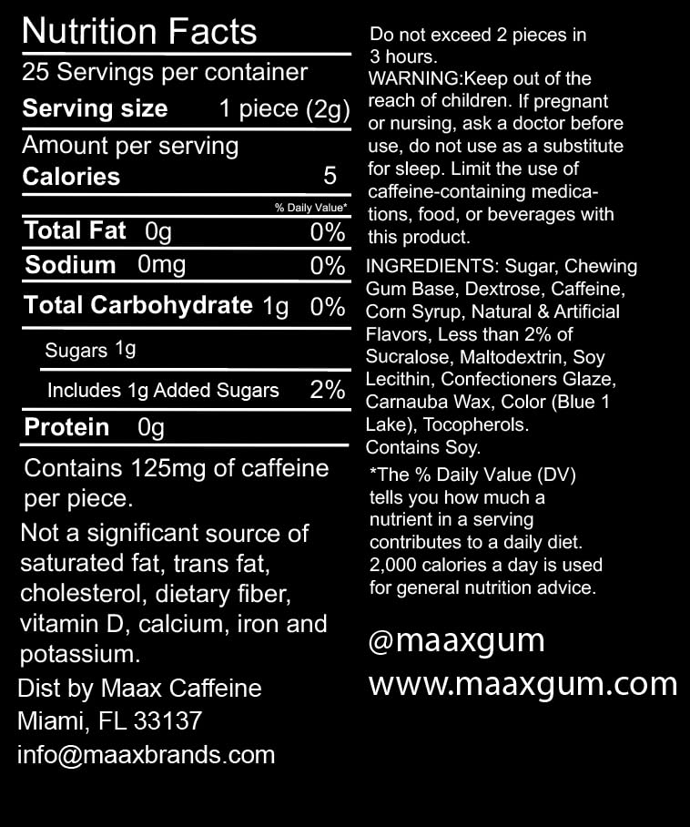 Maax Caffeine Energy Gum | 125mg of caffeine per piece | Coolmint | 25 pieces per container
